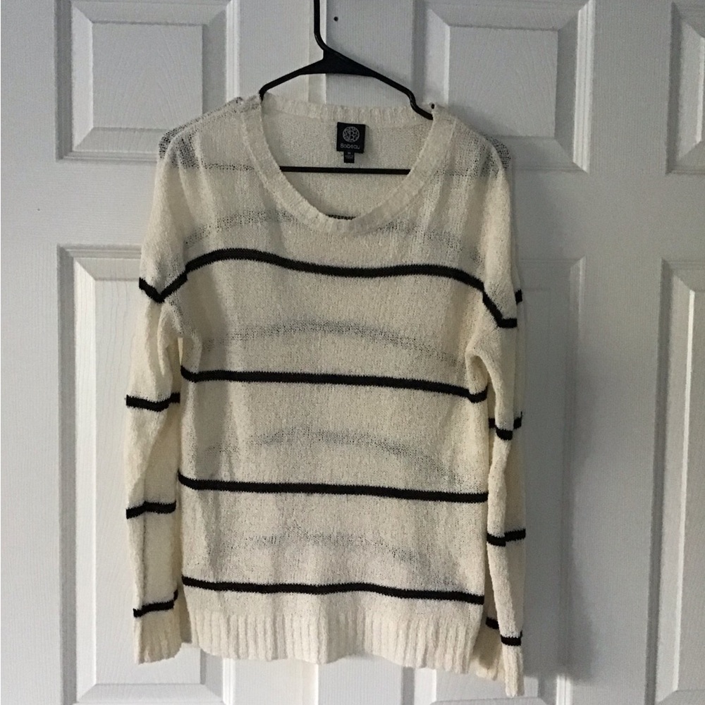 Bobeau Ivory and Black Striped Crew Neck Sweater